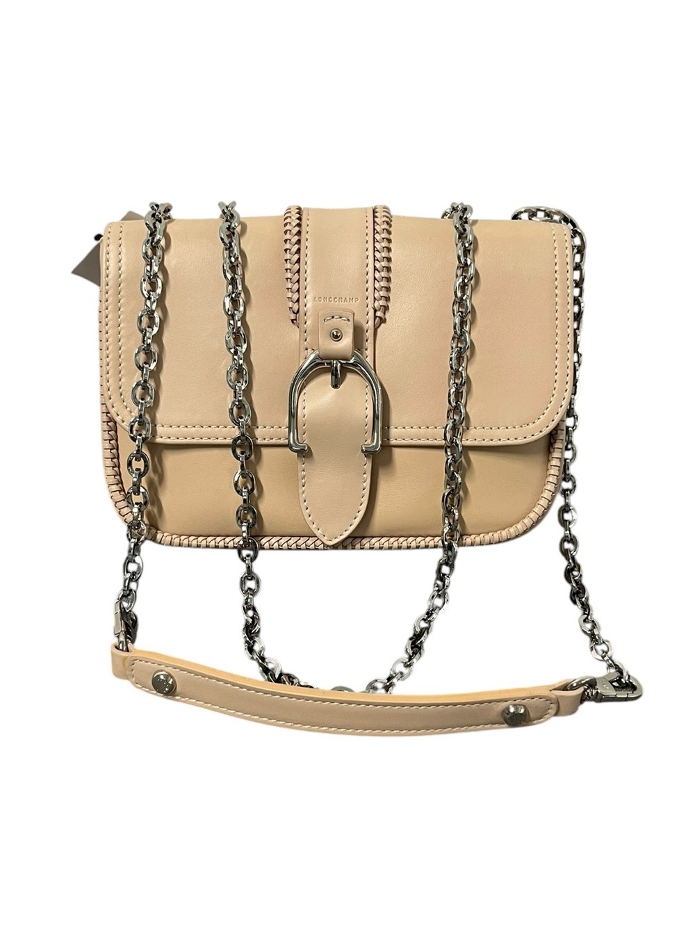 Longchamp Beige Leather Shoulder Bag with Silver Chain